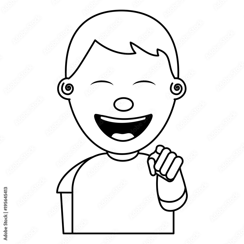 portrait of happy young teenager boy smiling pointing with finger vector illustration thin line image