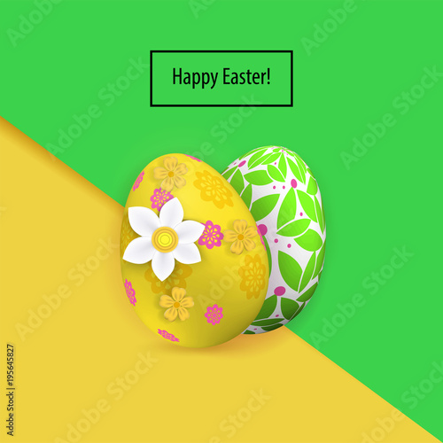 Yellow green two Easter eggs and snowdrip on the pink green paper background. Bright Easter card photo