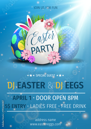 Easter egg party vector poster design template. Modern easter egg party with colorful eggs and spring flower. 