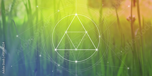 Sacred geometry website banner with golden ratio numbers, interlocking circles, triangles and squares, flows of energy and particles in front of nature background. The formula of nature.