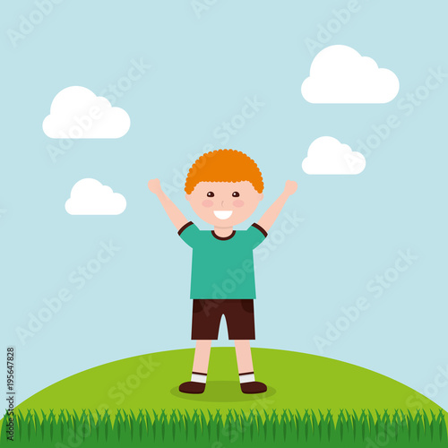 happy cartoon boy raising hands vector illustration