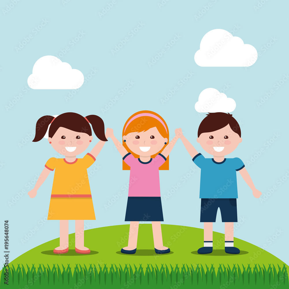 kids smiling holding hands raisingin field vector illustration