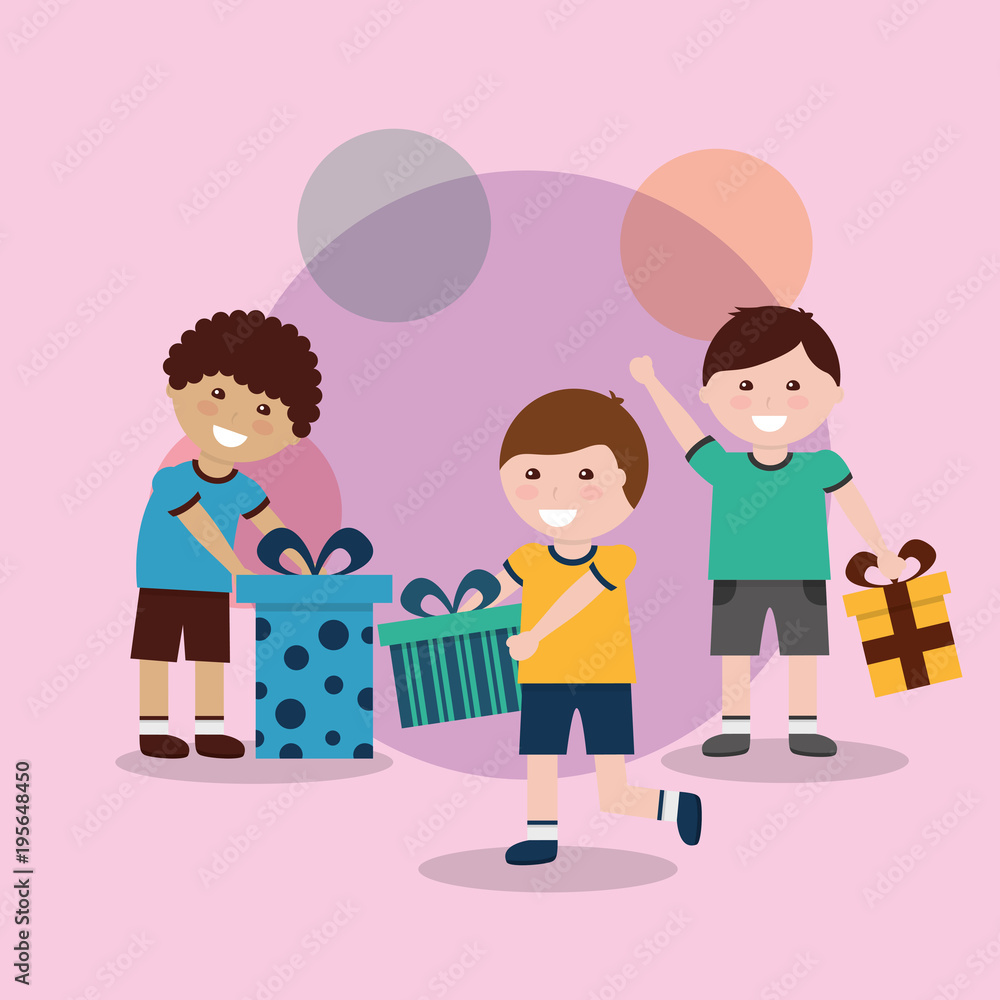 happy little boys with gift boxes birthday vector illustration happy little boys with gift boxes birthday vector illustration