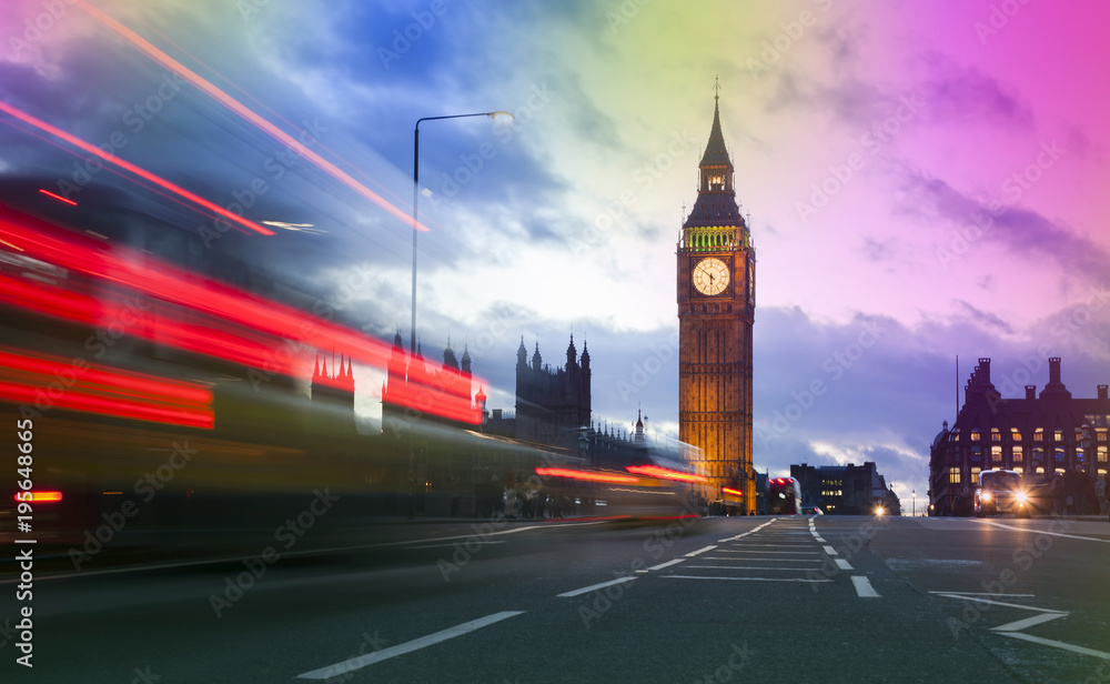 London cityscape at Big Ben, long exposure photo with abstract colorful sky background