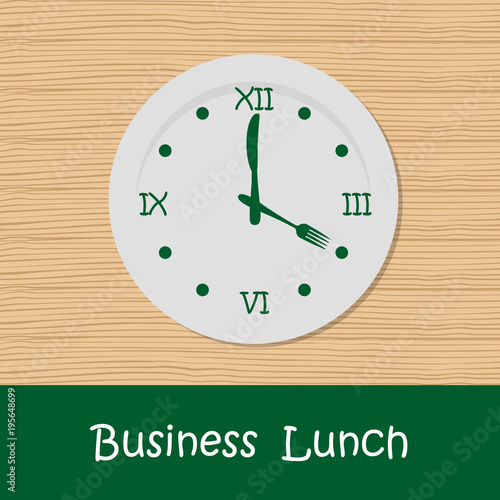 Business lunch concept. A plate with a clock face, knife and fork in shape of clock hands. There is also the text "Business Lunch" in the picture. Vector illustration on a wooden background.