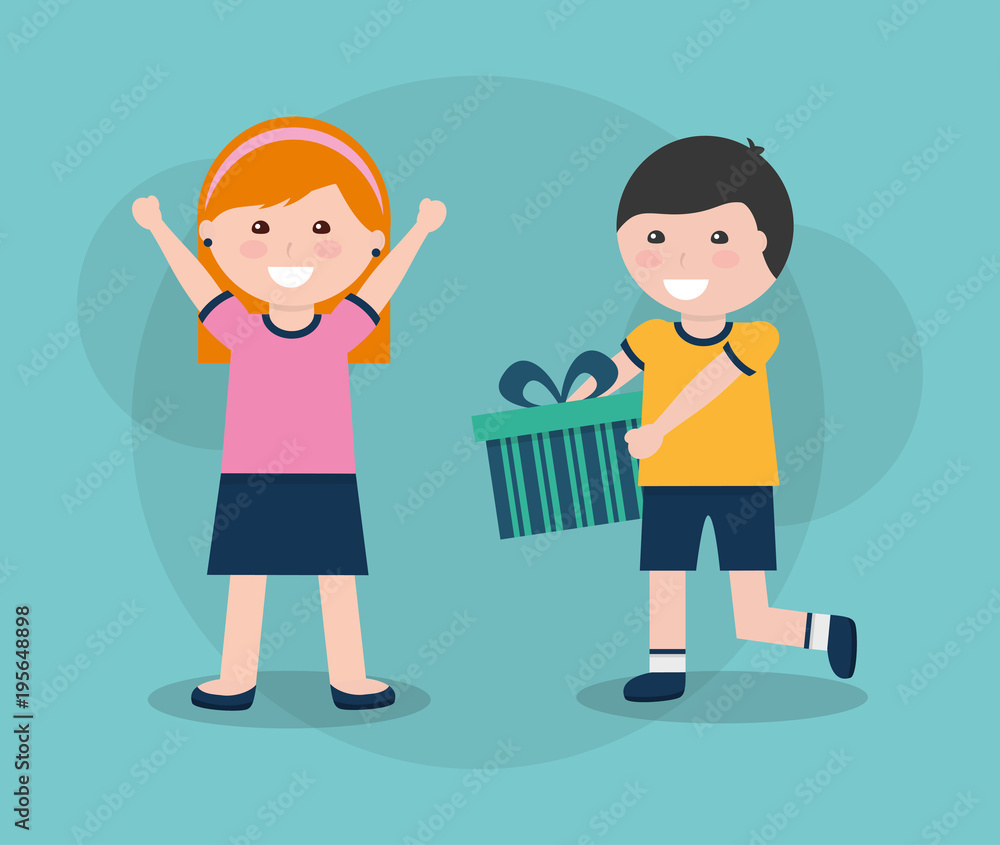 happy girl and boy holding gift box vector illustration