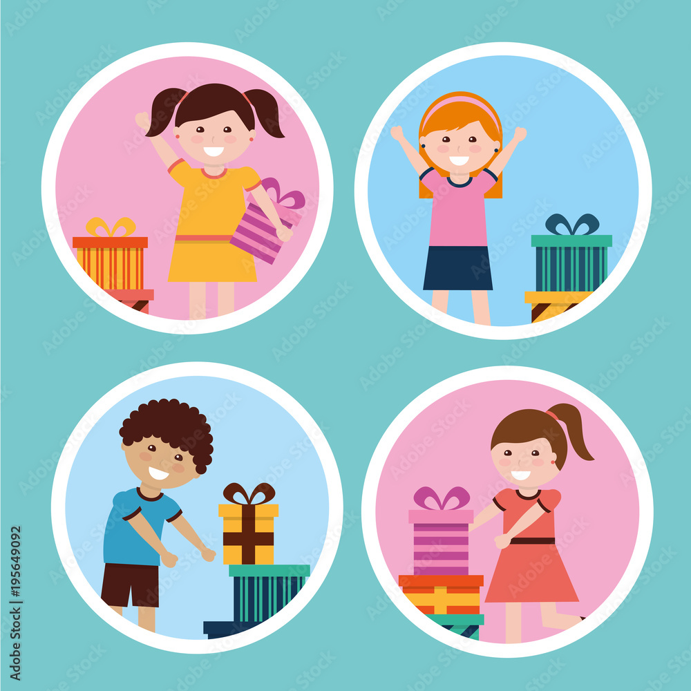 happy kids with gift boxes icons vector illustration happy kids with gift boxes icons vector illustration