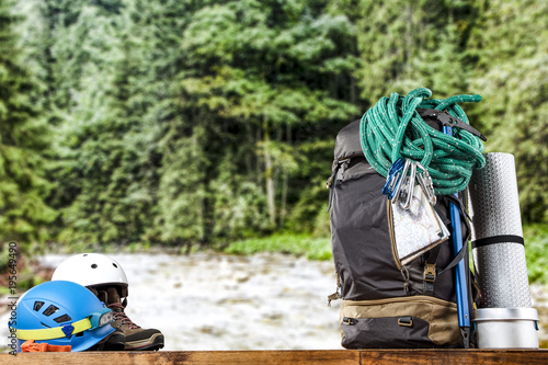 Travel backpack and forest space 