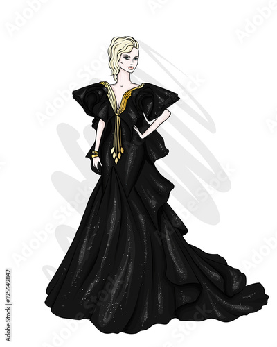 A tall, slender girl in a beautiful evening dress. Fashion & Style. Vector illustration.