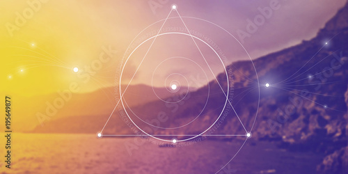 Sacred geometry website banner with golden ratio numbers, interlocking circles, triangles and squares, flows of energy and particles in front of nature background. The formula of nature.