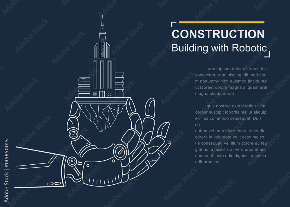 Industrial 4.0 construction with Robot concept infographic, Robotic hand holding building, Skyscraper, company, architecture and working in industry. vector outline.