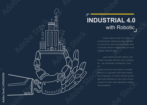 Industrial 4.0 with Robot concept, Robotic hand holding factory company and working industry.