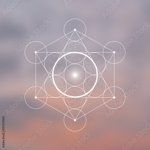 Spirit element symbol inside Metatron Cube and Flower of Life in front of natural blurry background. Sacred geometry futuristic vector design.