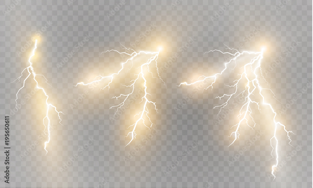 A set of lightning Magic and bright light effects. Vector illustration. Discharge electric current. Charge current. Natural phenomena. Energy effect illustration. Bright light flare and sparks - obrazy, fototapety, plakaty 