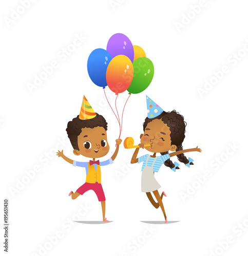 Happy African-American Kids with the balloons and birthday hat happily jumping on white background. Vector illustration for birthday party flyer, website banner, poster, flyer, invitation. Isolated.