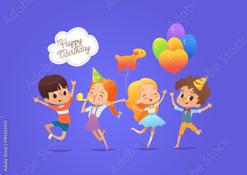 Happy kids with the balloons and birthday hats happily jumping with their hands up against blue background. Birthday party characters. Vector illustration for website banner, poster, invitation