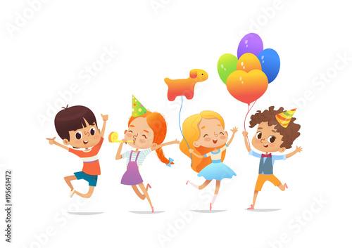 Happy school children with the balloons and birthday hats joyfully jumping against white background. Birthday party vector illustration for website banner, poster, flyer, invitation. Isolated.