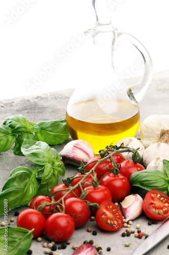 tomato and italian ingredient. Ripe tomatoes with fresh basil, garlic