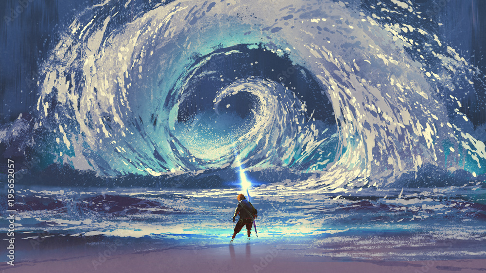 Obraz premium człowiek z magiczną włócznią tworzy wirujące morze na niebie, cyfrowy styl sztuki, malowanie ilustracji