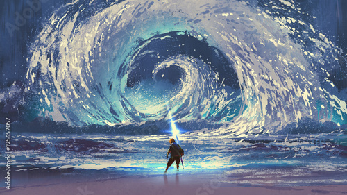 Fototapeta człowiek z magiczną włócznią sprawia, że wirujące morze na niebie, cyfrowy styl, malarstwo ilustracja