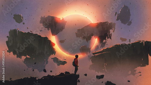 chłopiec stojący na skraju klifu patrząc na zaćmienie i skały unoszące się na niebie, styl sztuki cyfrowej, malowanie ilustracji