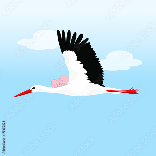 A flying stork with a baby on his back against the sky