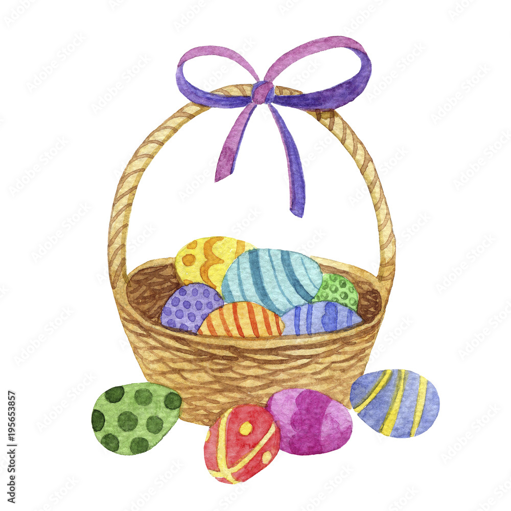 watercolor Easter basket with eggs