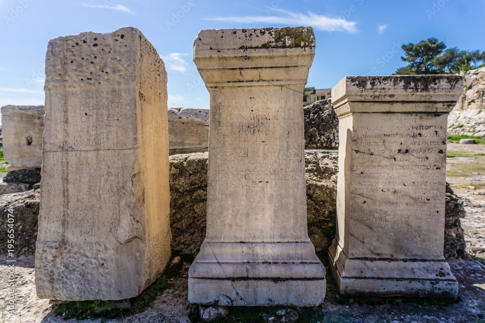 Epigraphs in the archaeological site of Eleusis. Eleusina was mainly known  for the Eleusinian Mysteries, the most famous secret religious rite of the  ancient Greece Stock Photo | Adobe Stock