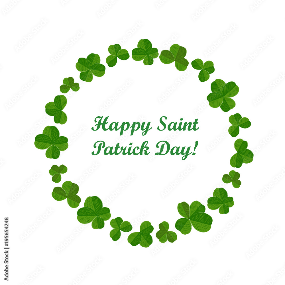 Happy St.Patrick's Day card, illustration with cute shamrock, clover round frame. Happy St.Patrick's Day card, illustration with cute shamrock, clover round frame.