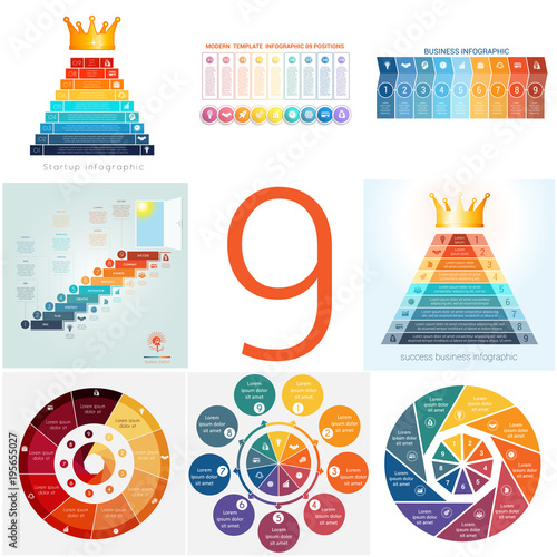 Set universal templates elements Infographics conceptual cyclic processes for 9 positions