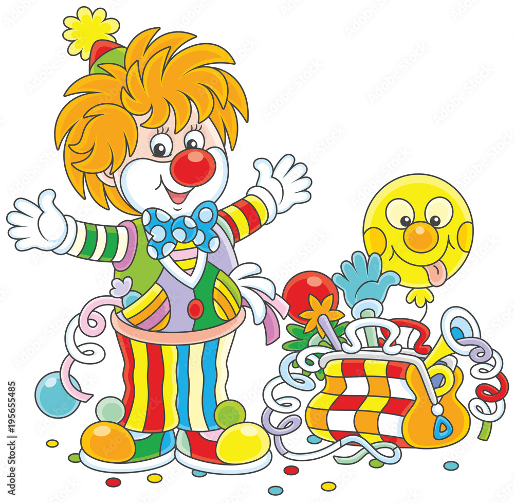Friendly smiling circus clown in a colorful suit with his toys in a suitcase, a vector illustration in a cartoon style Friendly smiling circus clown in a colorful suit with his toys in a suitcase, a vector illustration in a cartoon style