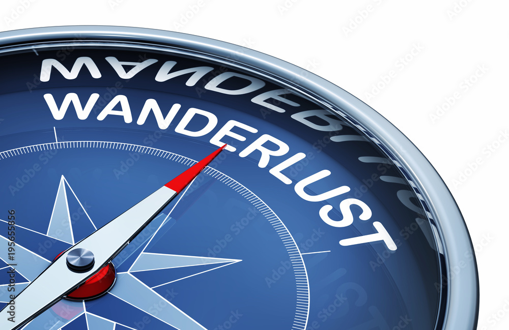 3D rendering of an compass with the word wanderlust 3D rendering of an compass with the word wanderlust