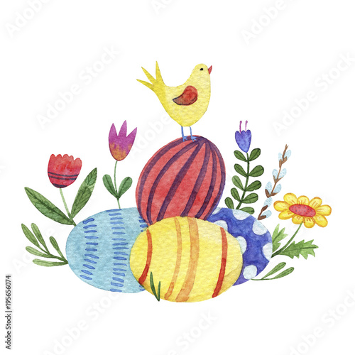 Fototapeta Naklejka Na Ścianę i Meble -  watercolor Easter eggs with chicken and flowers