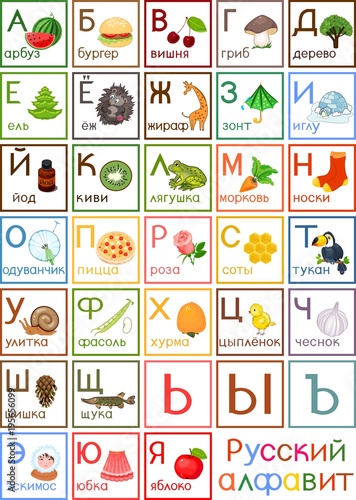 Colorful Russian alphabet with pictures and titles for children education