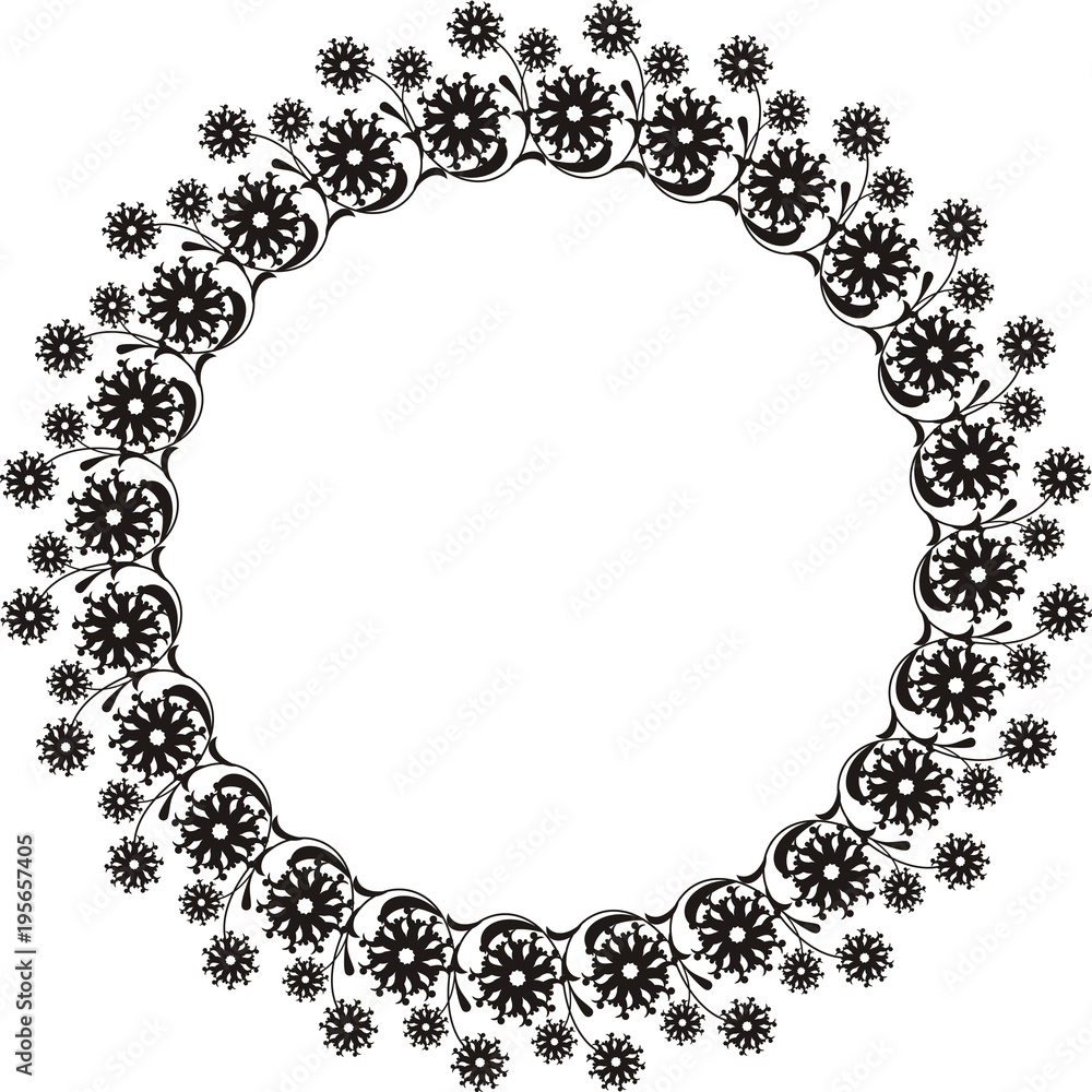 Black and white round frame with floral silhouettes. 