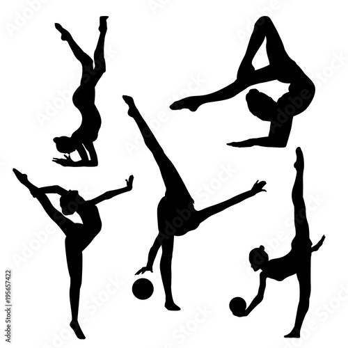 Black silhouette of gymnast on white background, black in white