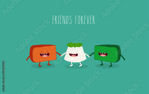 This is funny vector illustration. The green and orange gouda cheeses are friends forever. You can use for cards, fridge magnets, stickers.