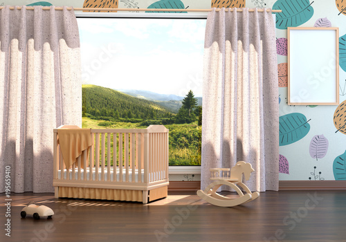 Children's bedroom with baby cot. 3d illustration. Render of a children's room with a bed and a landscape