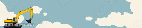 Big yellow excavator, sky with clouds in background. Horizontal banner layout with earth mover. Vintage color stylization. Construction machinery vehicle and ground works. Flatten illustration vector.