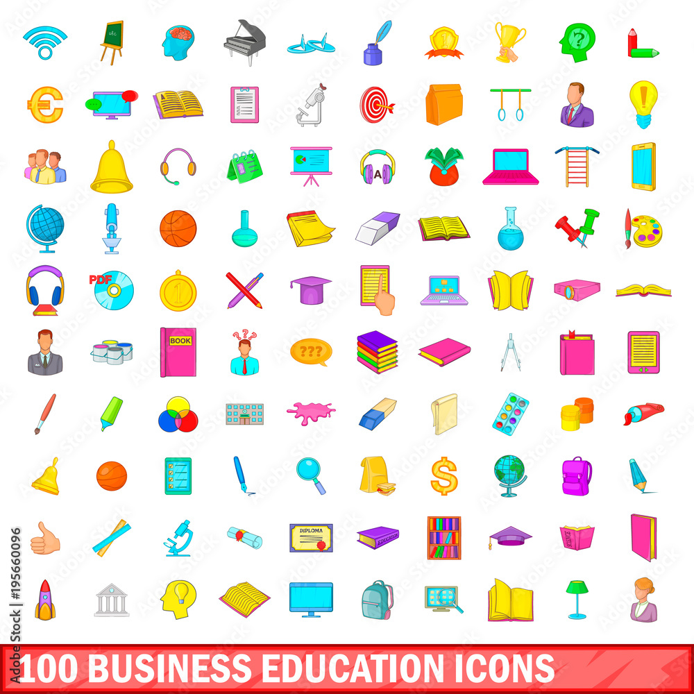100 business education icons set, cartoon style 100 business education icons set, cartoon style
