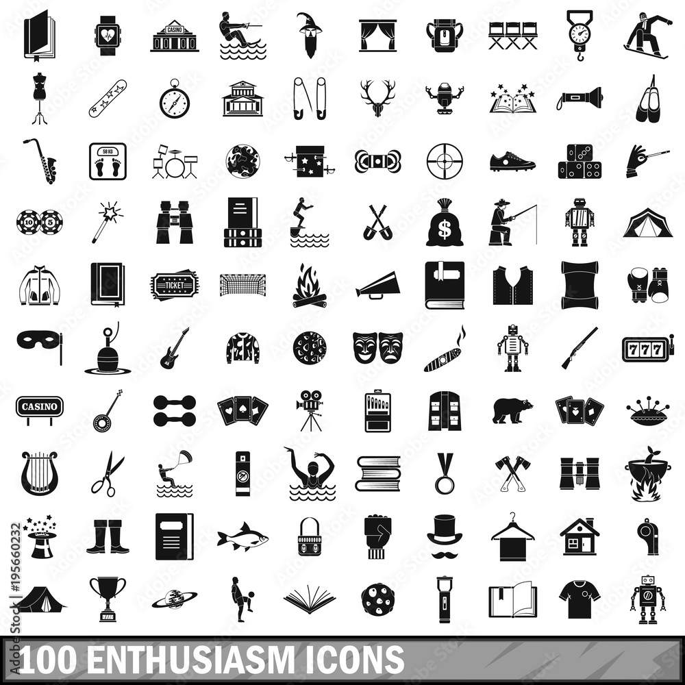 100 enthusiasm icons set, simple style 