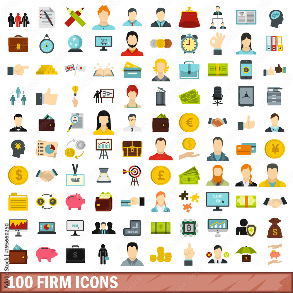 100 firm icons set, flat style 100 firm icons set, flat style