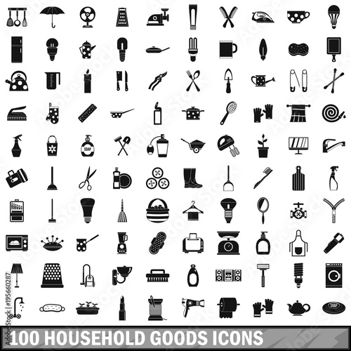 100 household goods icons set, simple style 