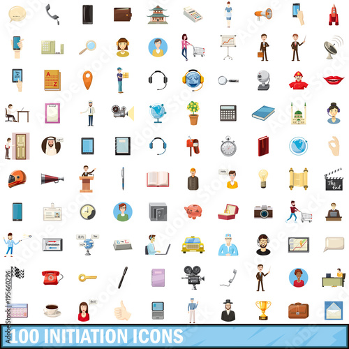 100 initiation icons set, cartoon style
