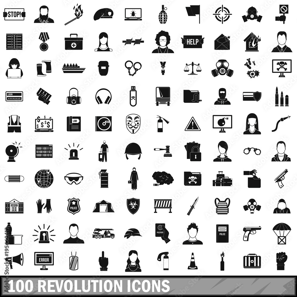 100 revolution icons set, simple style 100 revolution icons set, simple style
