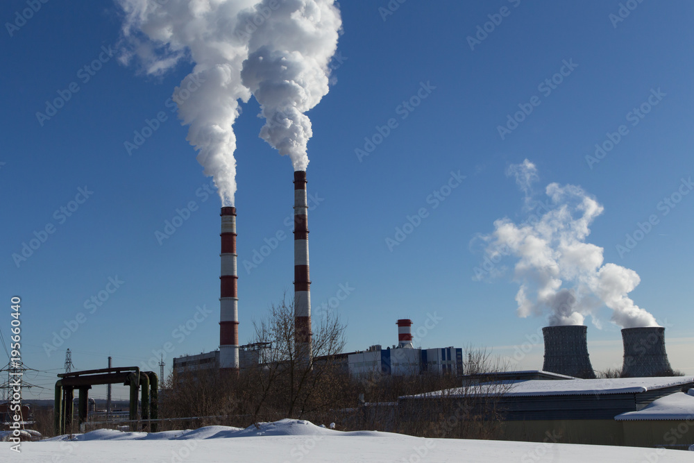 Industrial factory pipes with smoke, global warming concept