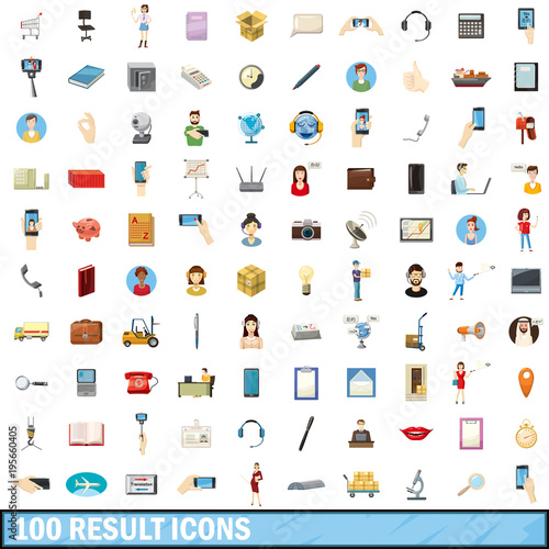 100 result icons set, cartoon style