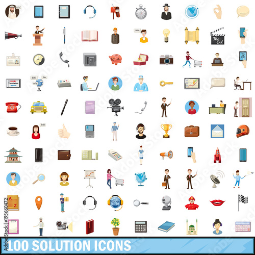 100 solution icons set, cartoon style