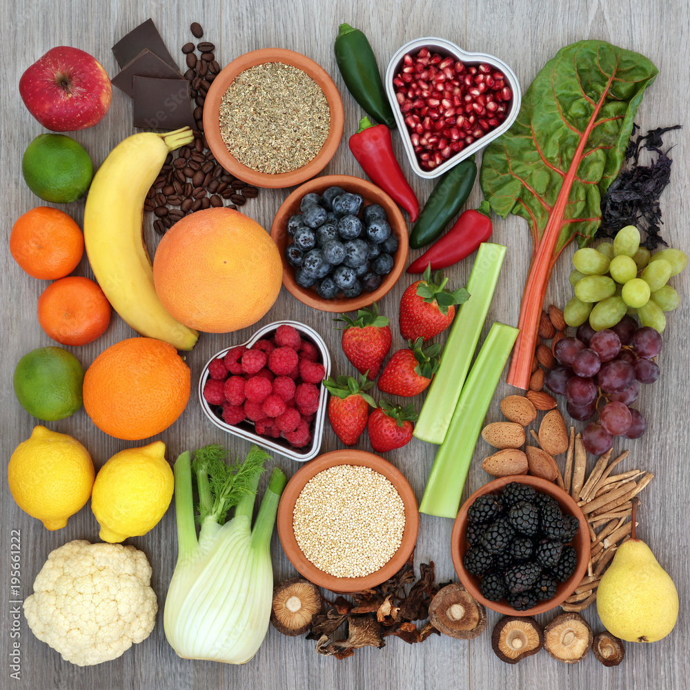 Diet health food concept with fresh fruit, vegetables, coffee, grains,  nuts, chocolate, ginseng and tribulus terrestris herbal medicine used as an  appetite suppressant and aphrodisiac. Top view. Stock Photo | Adobe Stock