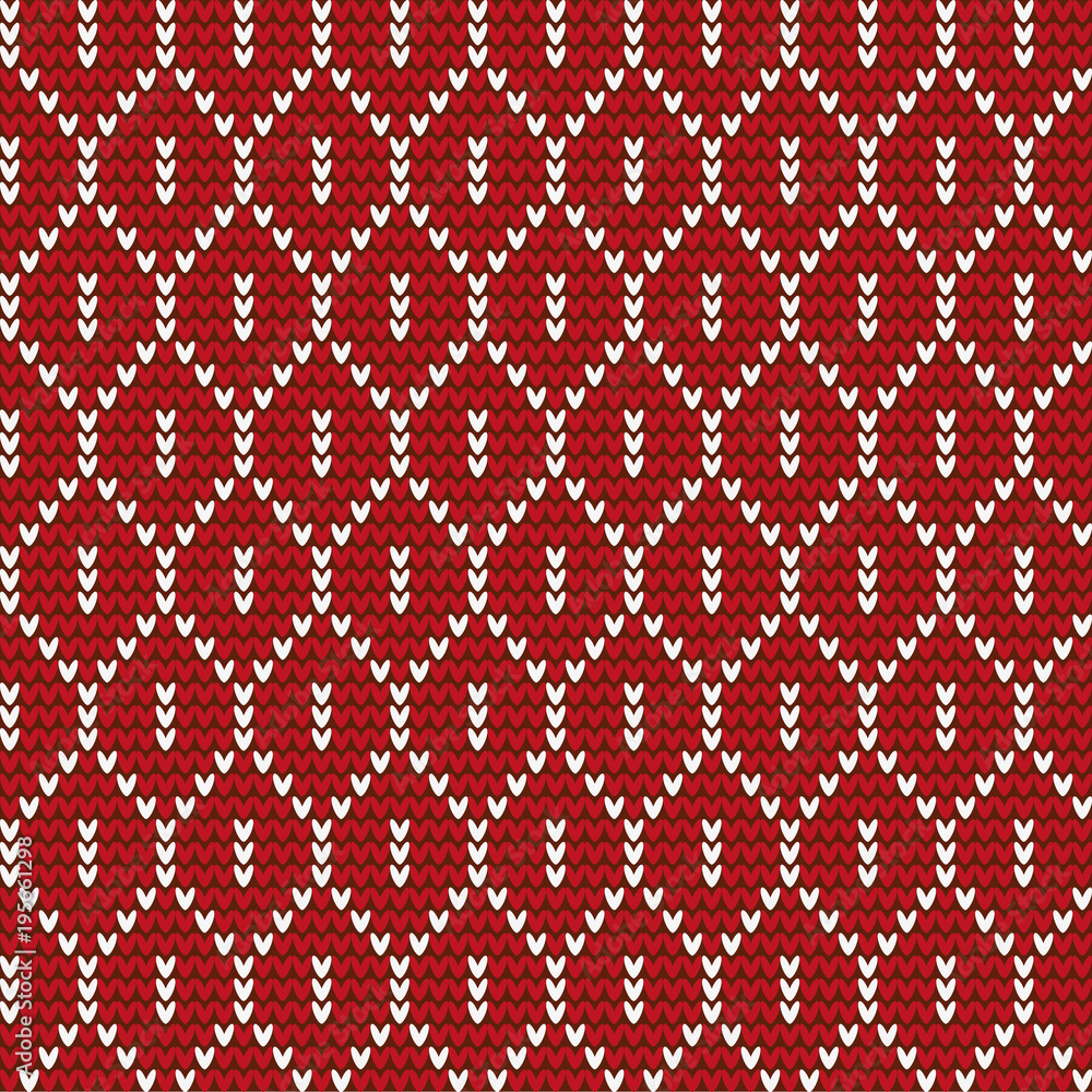 Fantasy seamless geometric pattern. Knitted red white background with original pattern. For decoration, design, postcards, invitations, packaging paper, bags, fabrics, knitting.